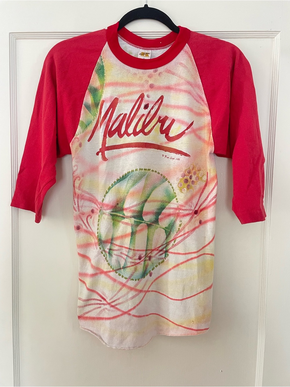 FRED SEGAL Malibu Graphic Raglan Tee - Red Sleeve VERY RARE